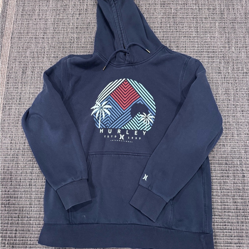 Hurley Dark Blue Hoodie with Tropical Graphic